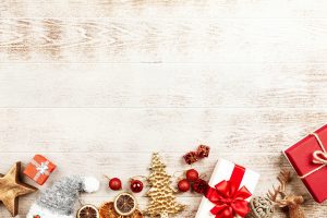 Christmas decorations on wooden background